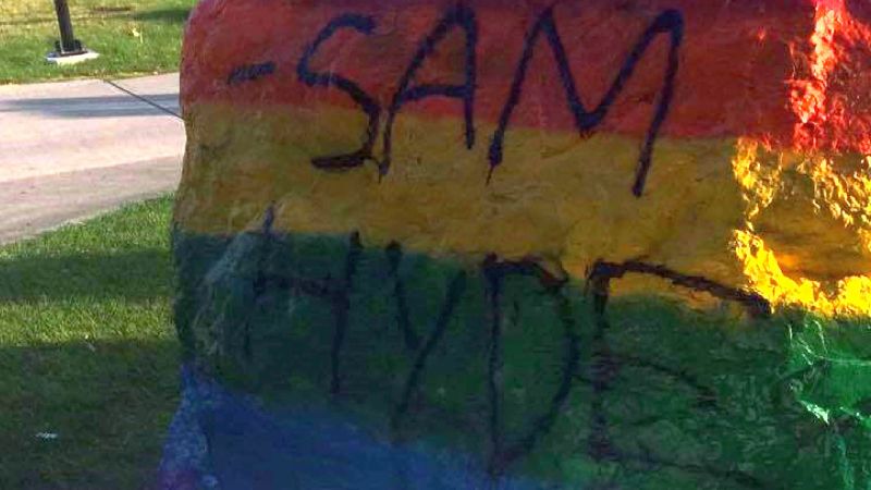 Rocks at the University of Calgary painted to celebrate pride were vandalized in September 2017.