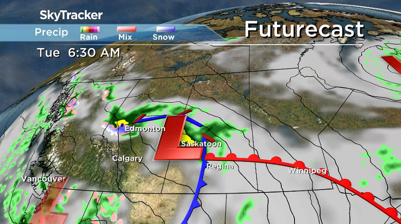 A low pressure system and coupled cold front will bring rain to central Saskatchewan on Tuesday.