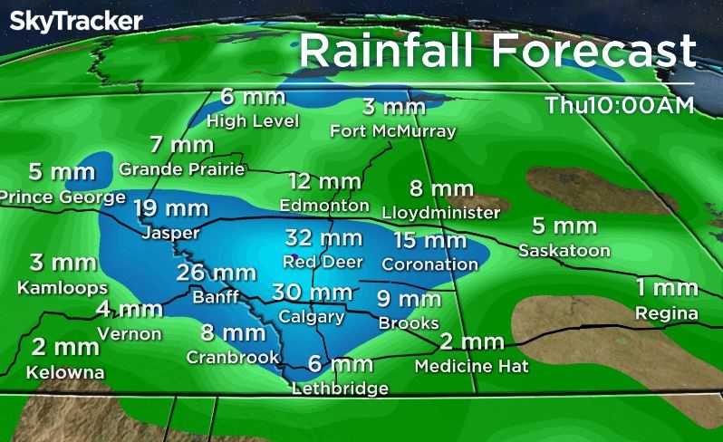 Rainfall forecast calls for a total of 30mm of precipitation by Thursday morning in Calgary.