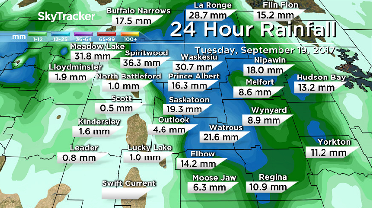 Heaviest rain was recorded in the Spiritwood and Waskesiu Lake corridor on Tuesday, September 19, 2017.
