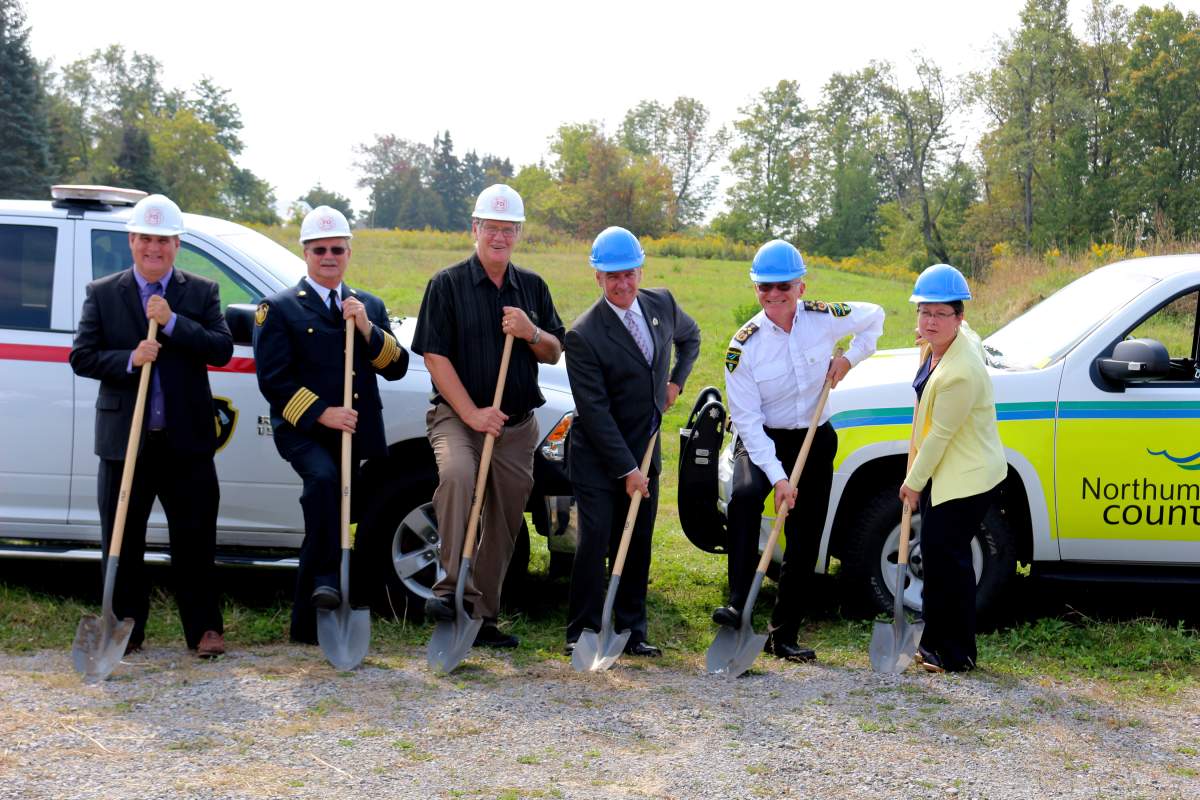 Ground was broken on a new emergency services base in Roseneath on Tuesday.
 Taking part were,
 (LtoR): Terry Korotki,  CAO, Alnwick/Haldimand; Allen Mann, Fire Chief, 
Alnwick/Haldimand; John Logel, County councillor and mayor, Alnwick/ Haldimand; Mark Walas, County Warden and Mayor, Brighton); William Detlor (Chief, Northumberland Paramedics); Jennifer Moore (CAO, 
Northumberland County)
.