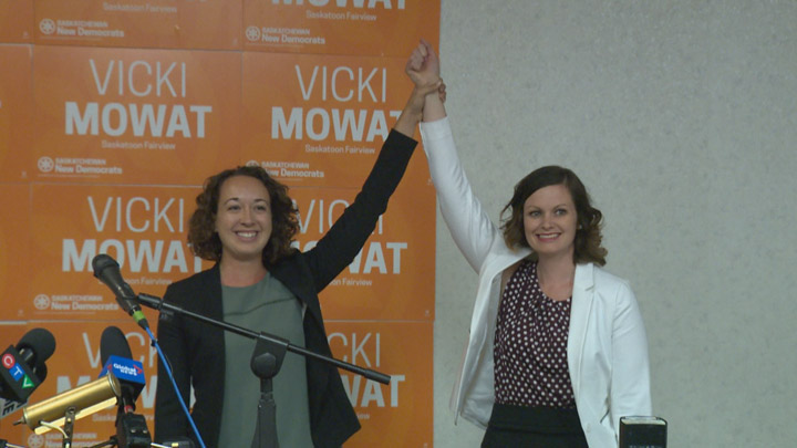 Interim Saskatchewan NDP leader Nicole Sarauer (left) and Vicki Mowat (right) celebrate Mowat’s win on Sept. 7, 2017 in the Saskatoon Fairview byelection.
