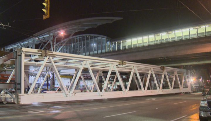 Crews will be installing a steel structure to support the new pedestrian walkway at the Commercial-Broadway station.