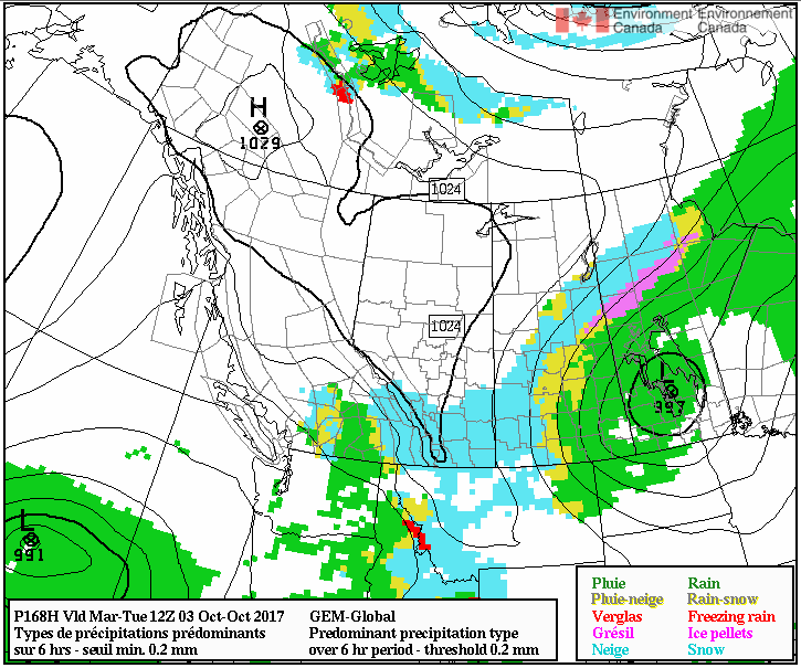 Some models are mixing in some snow into central Saskatchewan as cooler air injects in on Tuesday.