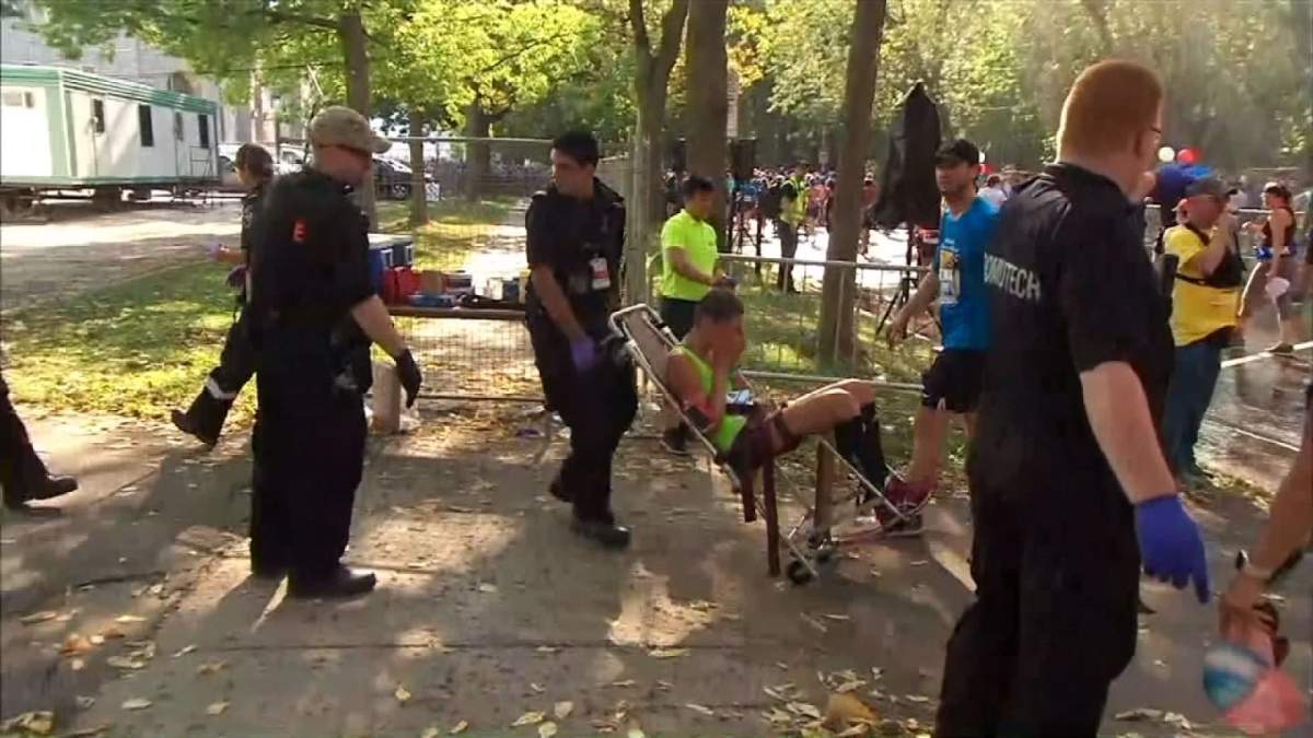 A Montreal Marathon runner getting medical attention on Sunday, September 24, 2017.