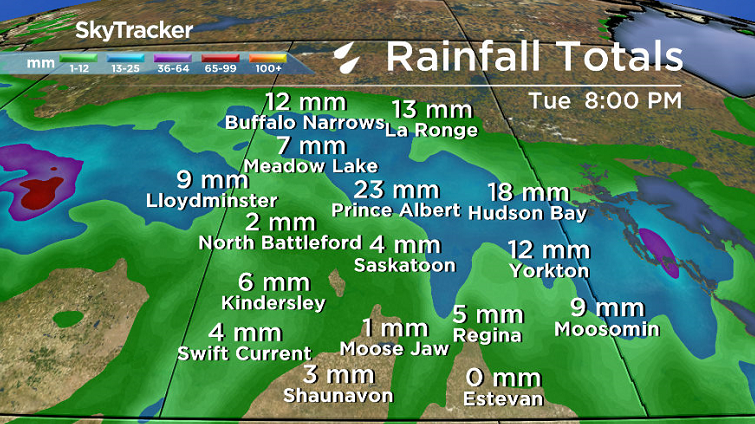 Heavier rainfall amounts are possible north and east of Saskatoon on Tuesday.