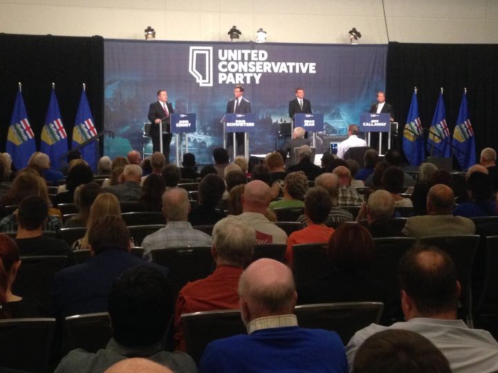 United Conservative Party leadership candidates seen at a debate in Edmonton on Sept. 28, 2017.