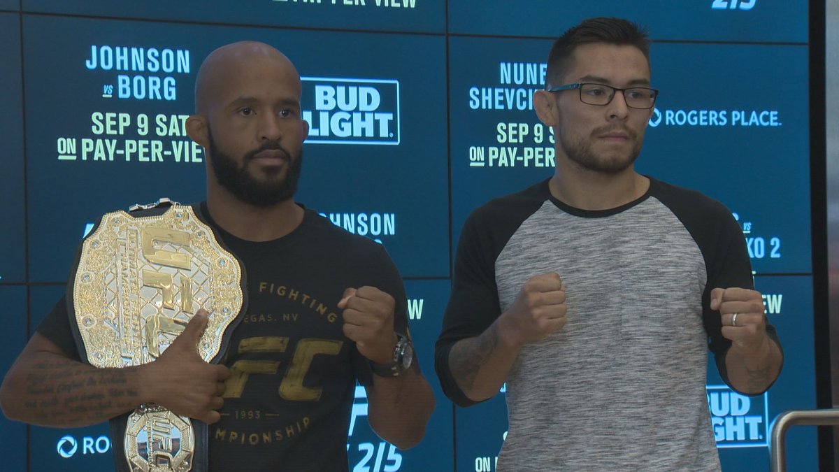 UFC flyweight champion Demetrious Johnson, left, and challenger Ray Borg, right, shown at Rogers Place in Edmonton, Alta. on Wednesday, September 6, 2017.
