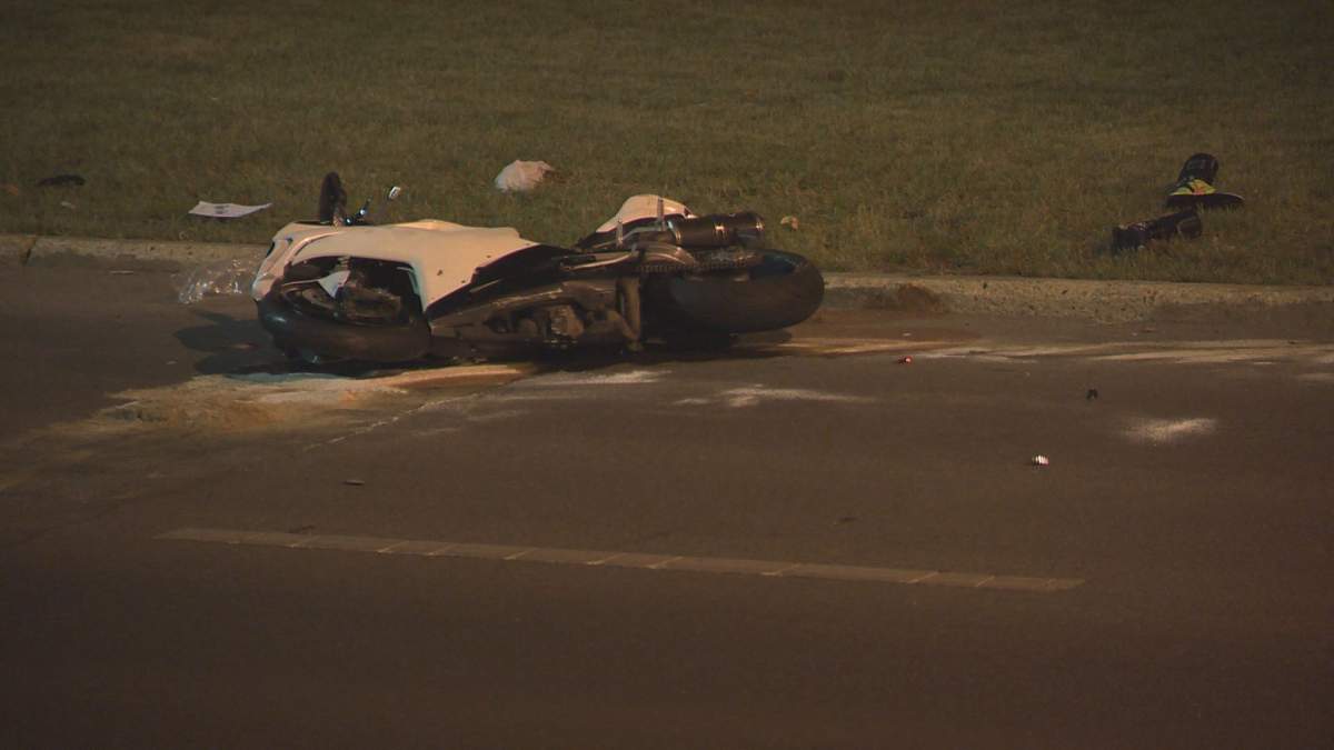 A collision on Victoria Park Road near Groat Road between a car and a motorcycle seriously injured the man driving the motorcycle and killed his female passenger. September 10, 2017.