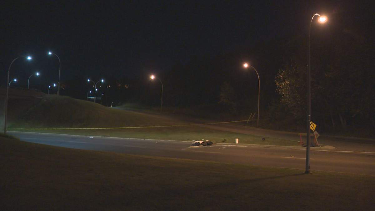 A collision on Victoria Park Road near Groat Road between a car and a motorcycle seriously injured the man driving the motorcycle and killed his female passenger. September 10, 2017.