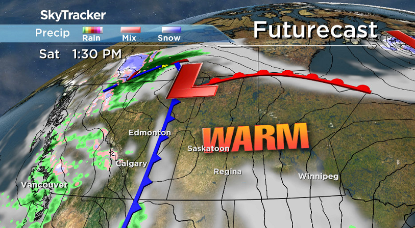 We remain in the warm sector of a system sliding into Saskatchewan on Saturday.