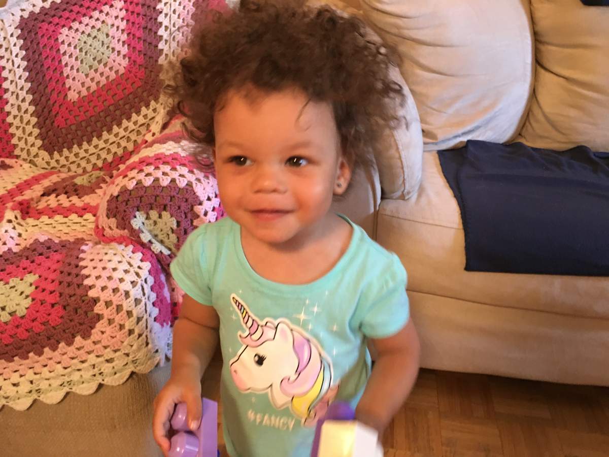 Olivia plays at home, after she waited three hours to be seen by a doctor at the Montreal Children’s Hospital, Tuesday, Sept. 19, 2017.