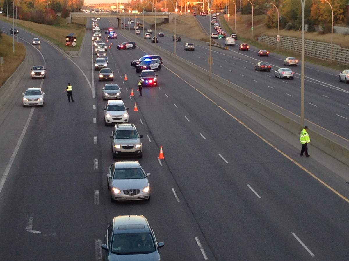 A rollover Friday morning caused Whitemud Drive eastbound to be reduced to one lane near 156 Street, causing traffic to back up several kilometres to the west leg of Anthony Henday Drive. September 29, 2017.