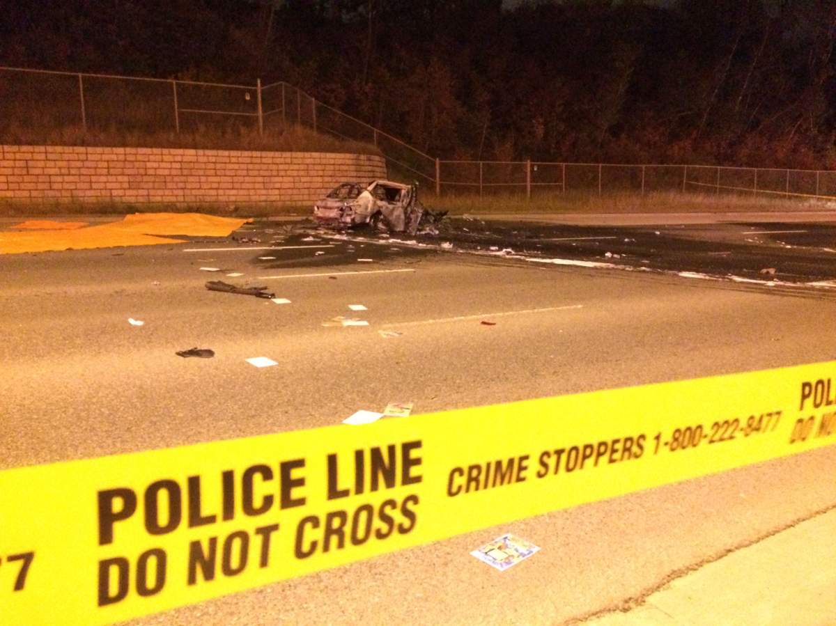 Police close a section of Whitemud Drive after a fatal collision, Monday, Sept. 25, 2017.