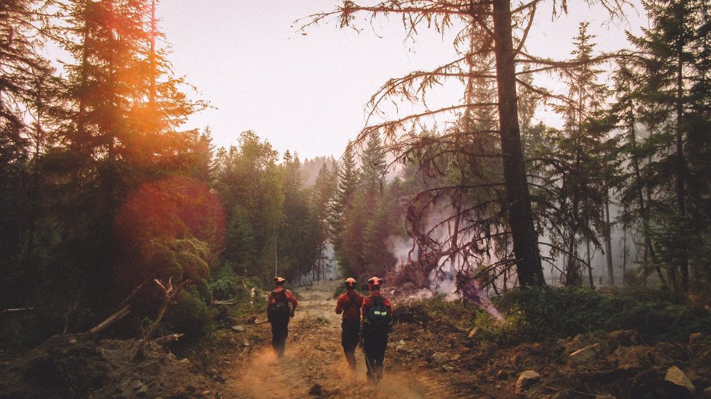 B.C. wildfire crews walk into a singed landscape in this photo from Twitter.