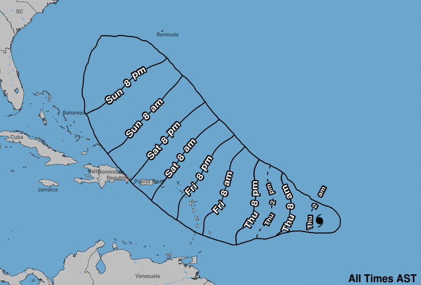 This map shows the times at which Hurricane Jose’s winds are expected to arrive.
