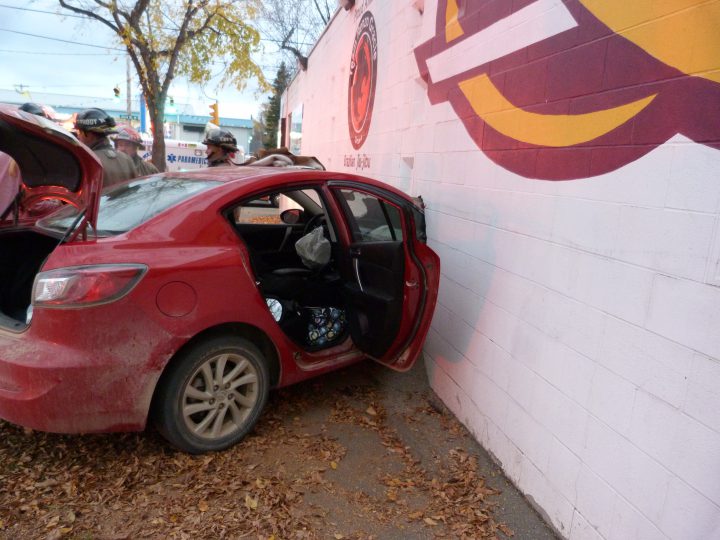 The Saskatoon Fire Department responded to a crash between a car and a building on Oct. 7, 2017.