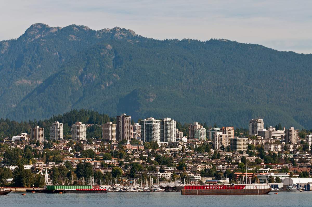 A view of the lower Lonsdale area of North Vancouver, B.C., Canada.