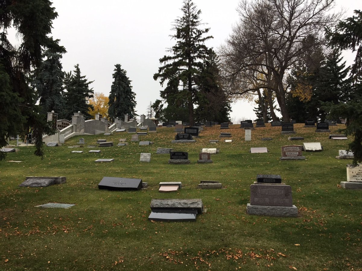 About 50 monuments at Mount Pleasant Cemetery in south Edmonton were found damaged on Tuesday, Oct. 10, 2017.