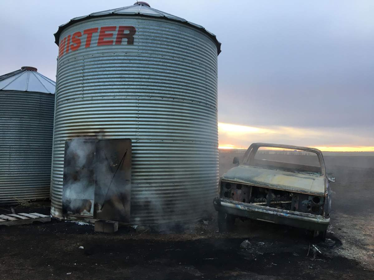 Damage from the Oct. 17, 2017 wildfire seen in the Alberta hamlet of Hilda.