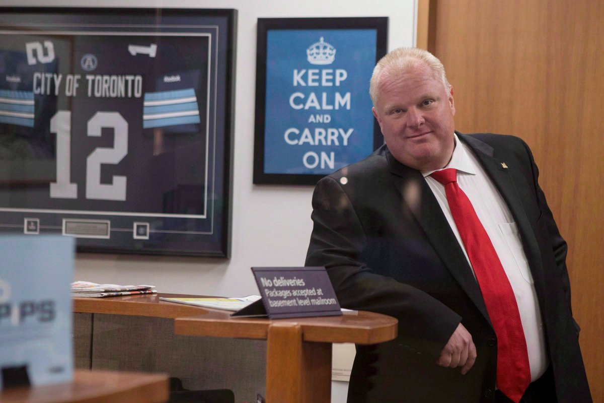 FILE - Toronto Mayor Rob Ford waits for an elevator before leaving his office at city hall to take part in a vote on July 9, 2014.
