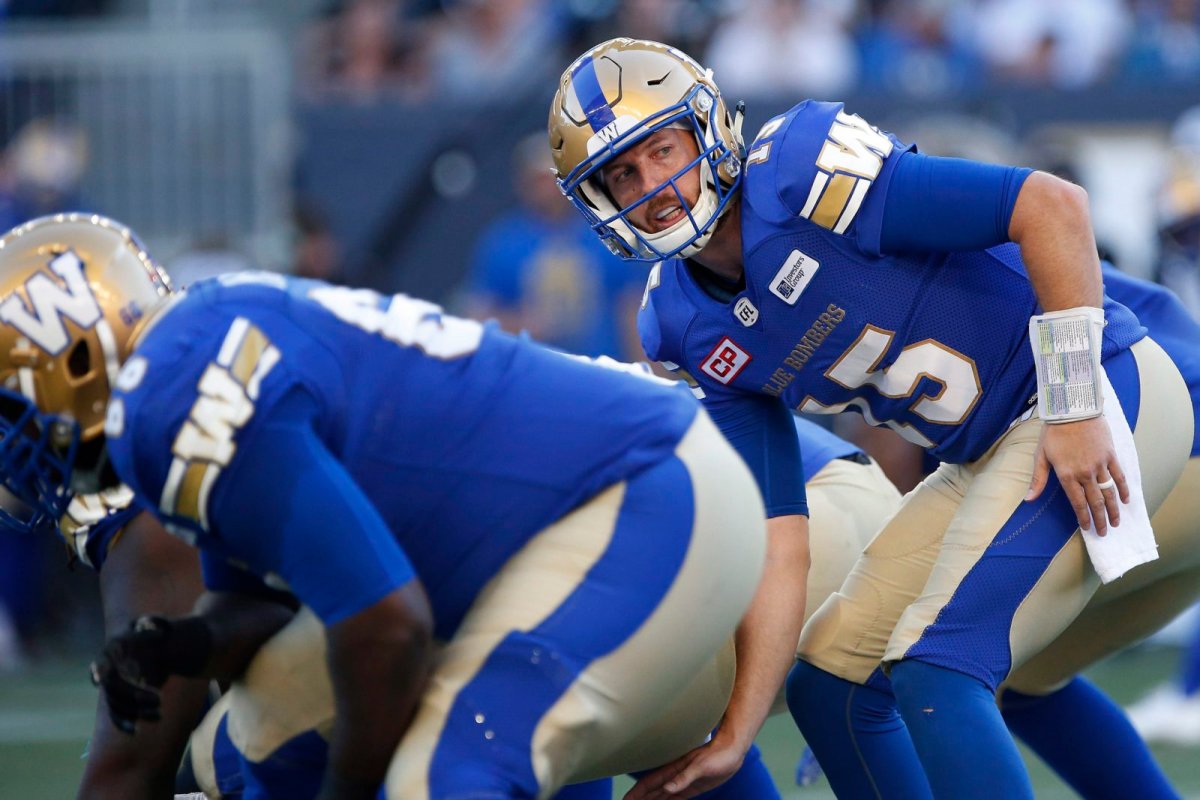 Winnipeg Blue Bombers quarterback Matt Nichols (15) gets set for the ball during first half of CFL action against the Calgary Stampeders in Winnipeg Friday, July 7, 2017. 