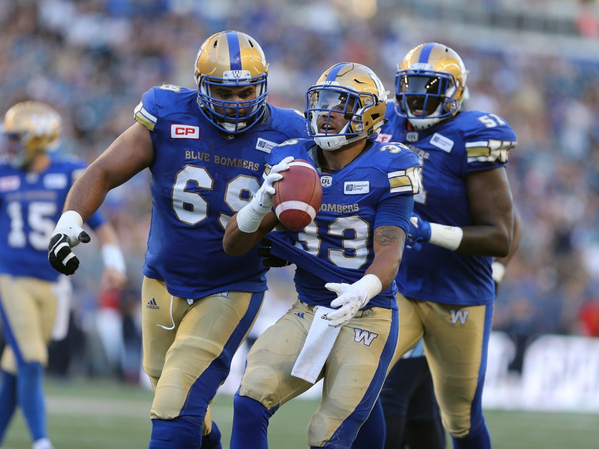 Winnipeg Blue Bombers RB Andrew Harris celebrates his TD during second quarter CFL action between the Bombers and the Toronto Argonauts in Winnipeg on Thursday, July 13, 2017.