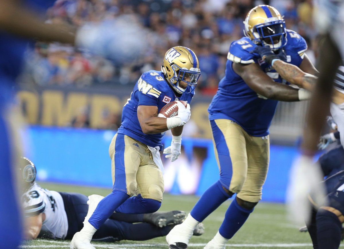 Winnipeg Blue Bombers RB Andrew Harris runs in for a TD during third quarter CFL action between the Bombers and the Toronto Argonauts in Winnipeg on Thursday, July 13, 2017. 