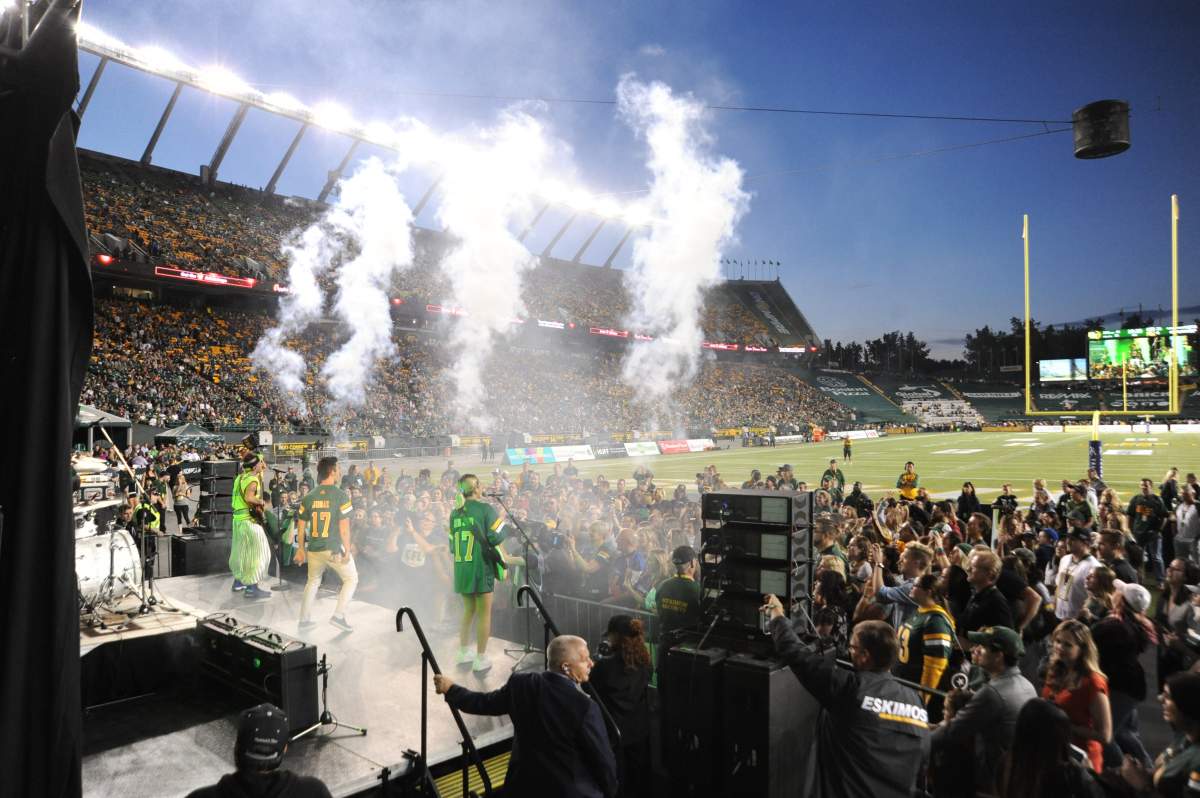 The band DNCE performs for the crowd out on the field during halftime of CFL game action between the Edmonton Eskimo’s and the Saskatchewan Roughriders at the Brick Field located at Commonwealth stadium in Edmonton on Friday, August 25, 2017. Riders won the game 54-31. (CFL PHOTO Walter Tychnowicz- )