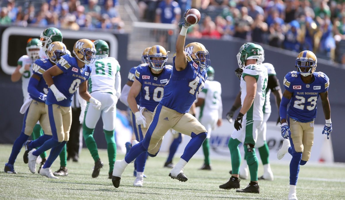 Winnipeg Blue Bombers LB Jovan Santos-Knox celebrates his interception during first quarter CFL action between the Bombers and the Saskatchewan Roughriders in Winnipeg on Saturday, Sept. 9, 2017.