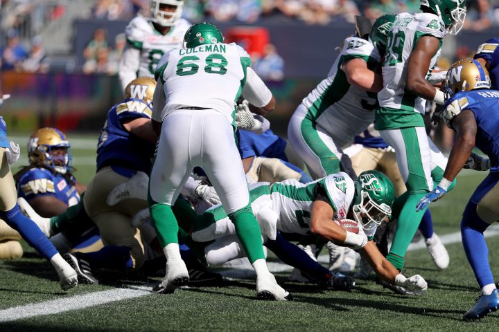 Saskatchewan Roughriders' Kienan Lafrance scores against the Winnipeg Blue Bombers' during the first half of CFL football action in Winnipeg, Saturday, September 9, 2017.