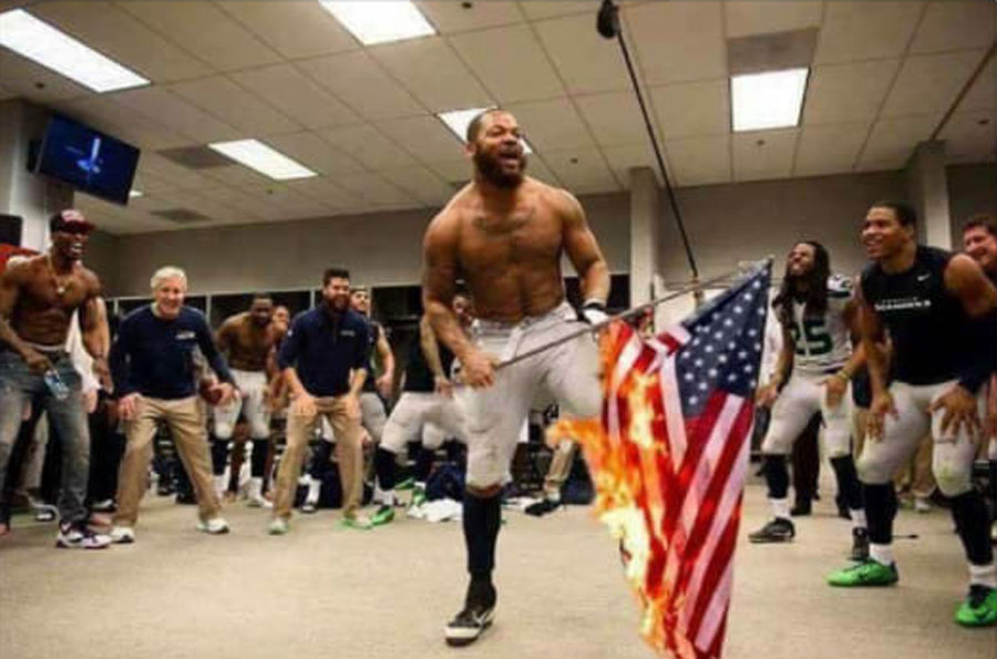 Did Seattle Seahawks player Michael Bennett burn the U.S. flag (under a sprinkler)? No.  