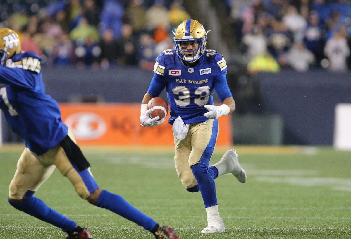 Winnipeg Blue Bombers RB Andrew Harris runs during first quarter CFL action between the Bombers and the Ottawa Redblacks in Winnipeg on Friday, Sept. 22, 2017. 