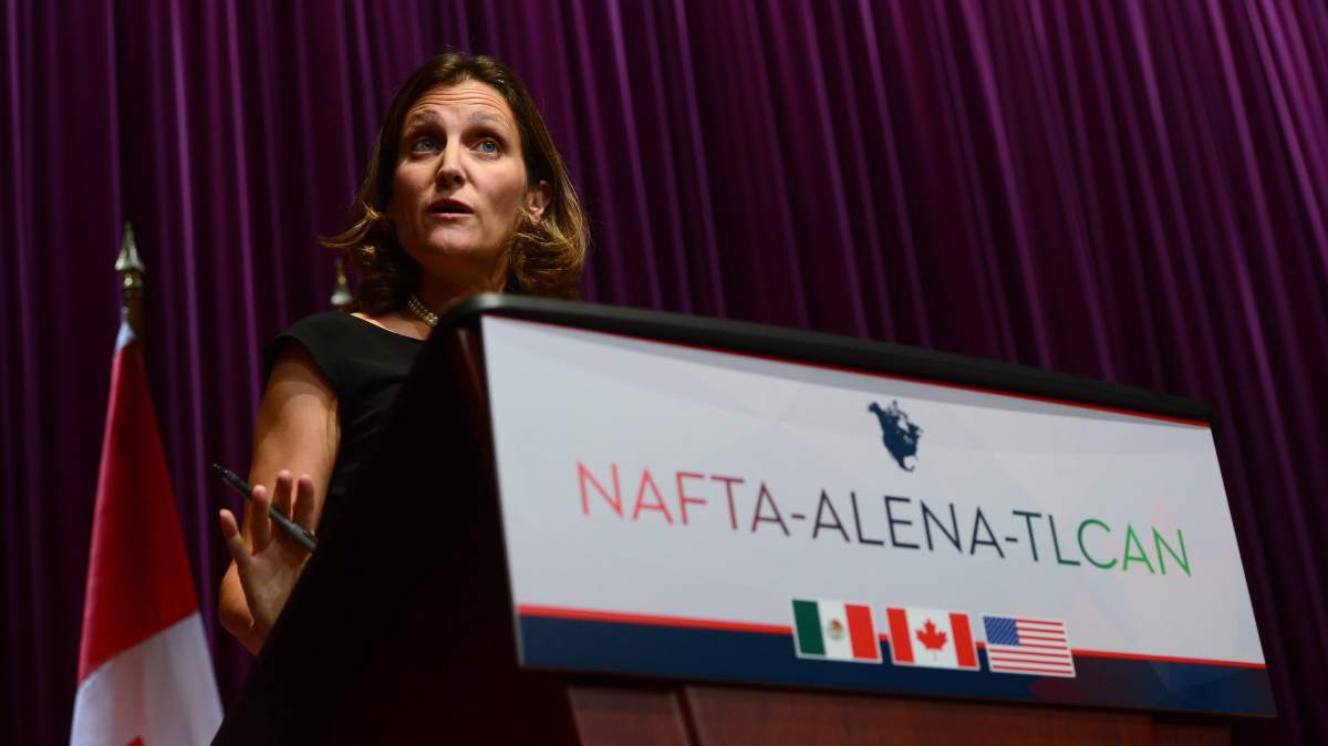 Canada's Foreign Affairs Minister Chrystia Freeland fields questions on the NAFTA negotiations at a news conference in Ottawa on Wednesday, Sept. 27, 2017. 