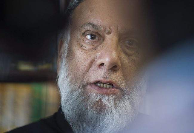 Imam Syed Soharwardy who is founder of Muslims Against Terrorism (MAT) and Islamic Supreme Council of Canada (ISCC) speaks to reporters at a mosque in Montreal, Sunday, October 1, 2017. 