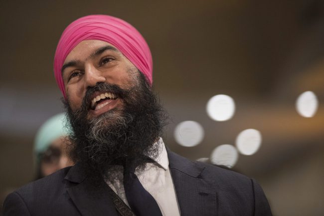 Jagmeet Singh listens a speech before the announcement he won the first ballot in the NDP leadership race to be elected the leader of the federal New Democrats in Toronto, Oct. 1, 2017. 