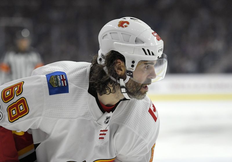 Calgary Flames right wing Jaromir Jagr, of the Czech Republic, waits for a face-off during the third period of the team's NHL hockey game against the Los Angeles Kings, Wednesday, Oct. 11, 2017, in Los Angeles.