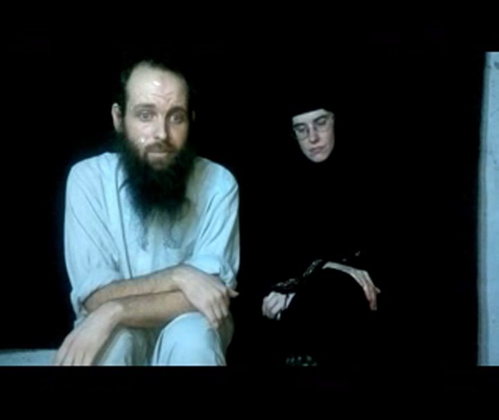 This frame grab from video provided by the Coleman family shows Caitlan Coleman and Joshua Boyle. An American woman, her Canadian husband and their three young children have been released after years held captive by a network with ties to the Taliban.