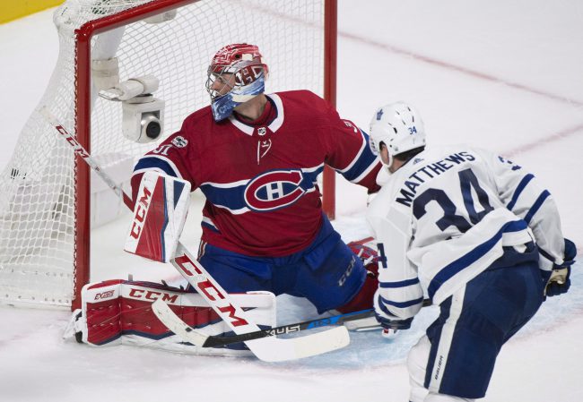Toronto Maple Leafs' Auston Matthews scores on Montreal Canadiens goalie Carey Price during overtime NHL hockey action in Montreal, Saturday, October 14, 2017. 