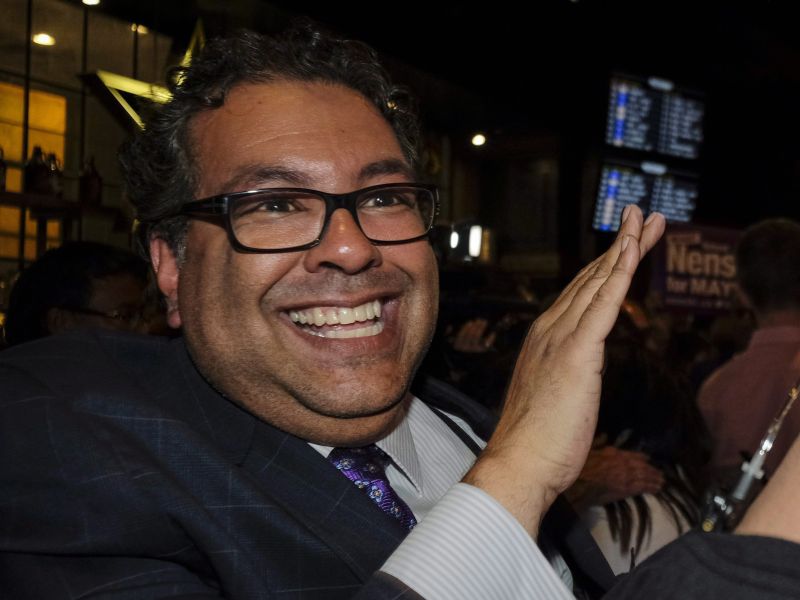 Naheed Nenshi celebrates his victory as Calgary's mayor following municipal elections in Calgary, Alta., late Monday, Oct. 16, 2017. 