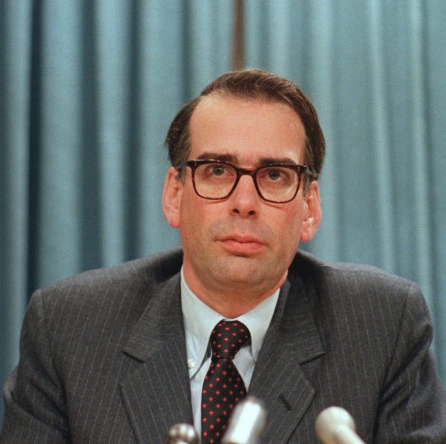 Michael Pitfield attends a news conference in Ottawa, Ont. in 1982. 

