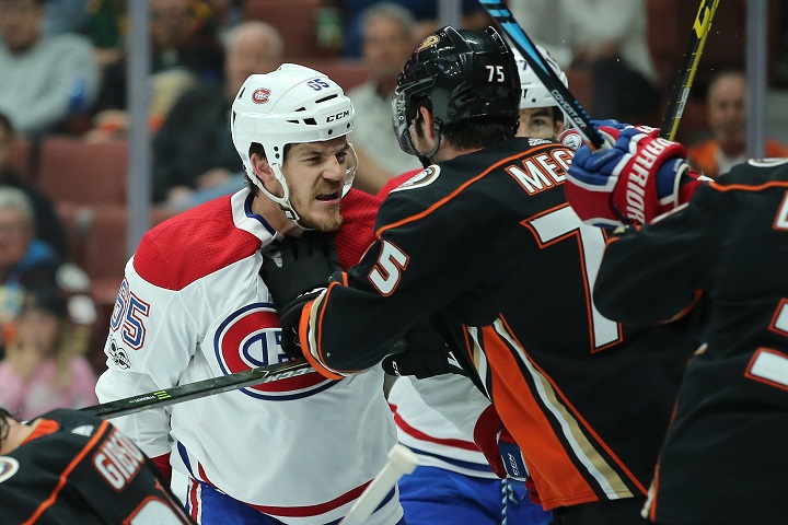 Mandatory Credit: Photo by Peter Joneleit/CSM/REX/Shutterstock (9165429o)
Anaheim Ducks defenseman Jaycob Megna (75) and Montreal Canadiens right wing Andrew Shaw (65) exchange pushes and sour expressions in the game between the Montreal Canadiens and Anaheim Ducks, Honda Center in Anaheim, CA, Peter Joneleit /Cal Sport Media
NHL Canadiens vs Ducks, Anaheim, USA - 20 Oct 2017.