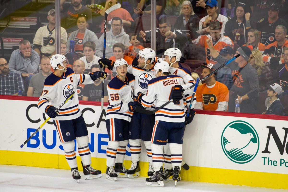 Edmonton Oilers left wing Patrick Maroon (19) celebrates his goal with teammates during the NHL game between the Edmonton Oilers and Philadelphia Flyers at Well Fargo Center in Philadelphia, Pennsylvania. Christopher Szagola\CSM NHL Oilers vs Flyers, Philadelphia, USA - 21 Oct 2017.