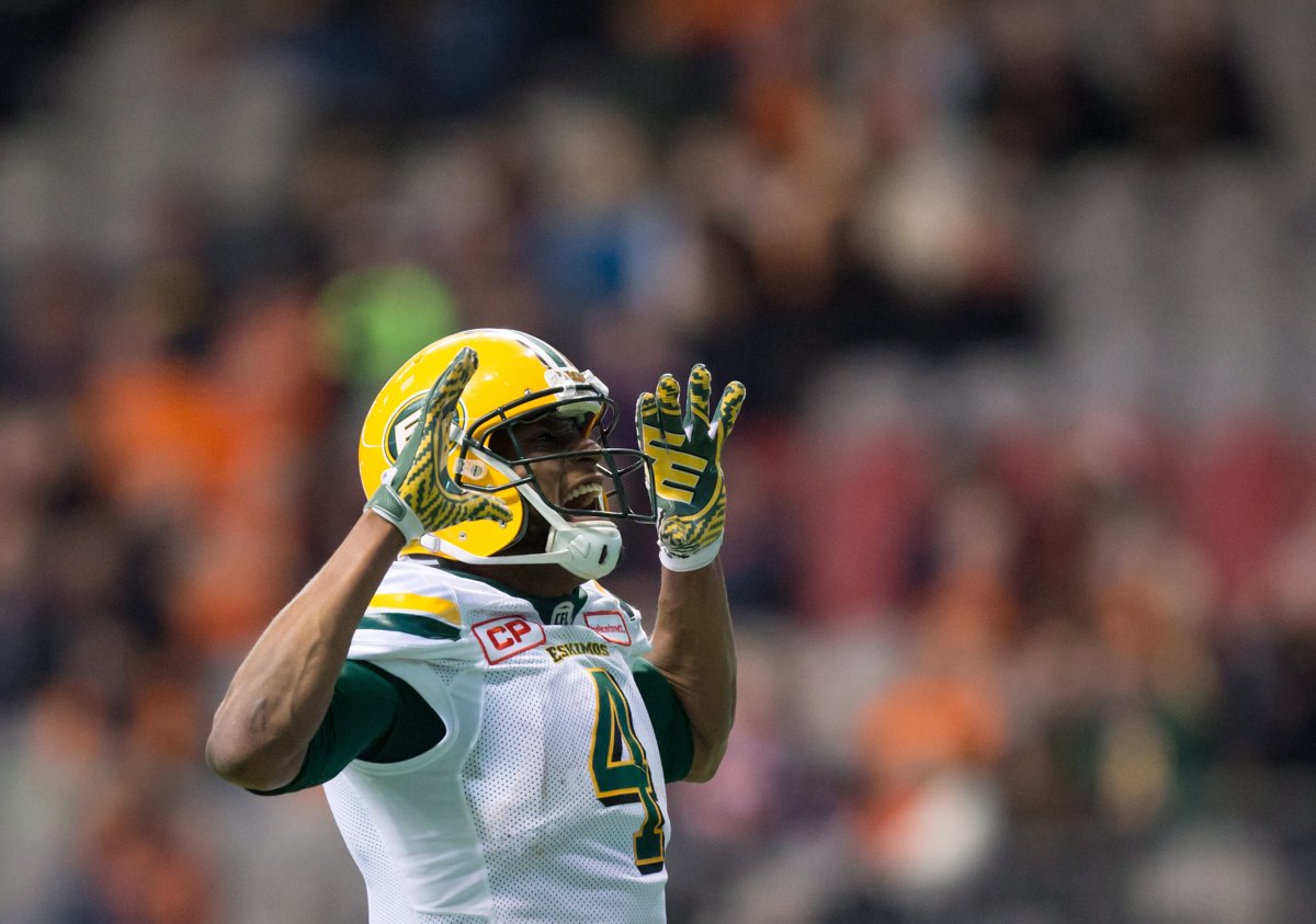 Edmonton Eskimos' Adarius Bowman celebrates his touchdown against the B.C. Lions during the second half of a CFL football game in Vancouver, B.C., on Saturday October 21, 2017.