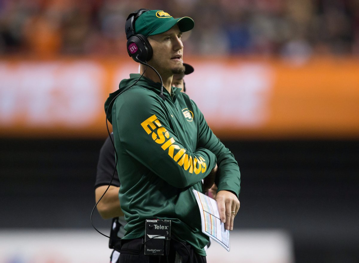 Edmonton Eskimos head coach Jason Maas watches from the sideline during the second half of a CFL football game against the B.C. Lions in Vancouver, B.C., on Saturday October 21, 2017. 