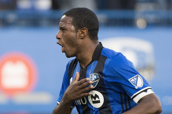 Montreal Impact's Patrice Bernier celebrates after scoring during first half MLS soccer action against the New England Revolution, in Montreal on Sunday, October 22, 2017.