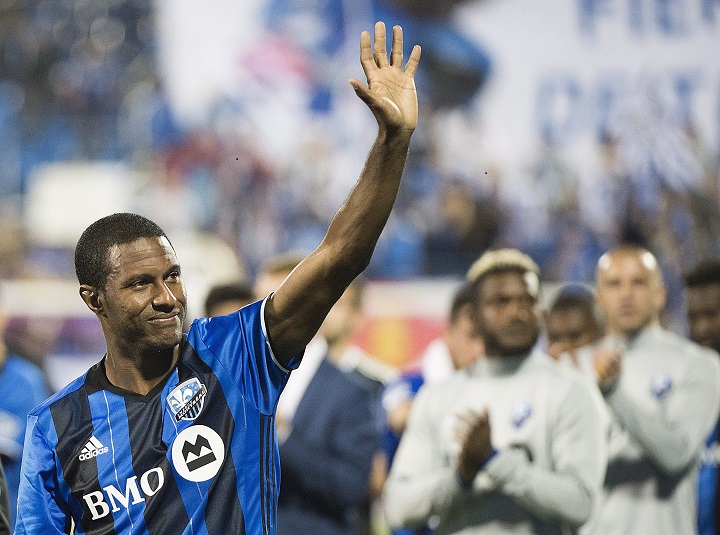 Montreal Impact's Patrcie Bernier waves to fans following his final MLS soccer game, against the New England Revolution in Montreal, Sunday, October 22, 2017.