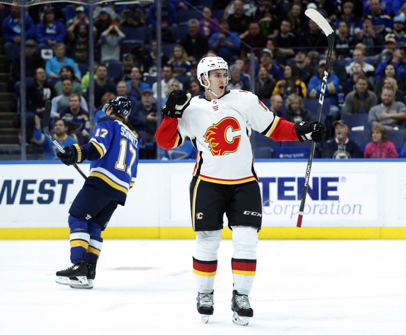 Calgary Flames' Mikael Backlund, of Sweden, celebrates after scoring as St. Louis Blues' Jaden Schwartz, left, skates away during the first period of an NHL hockey game Wednesday, Oct. 25, 2017, in St. Louis. 