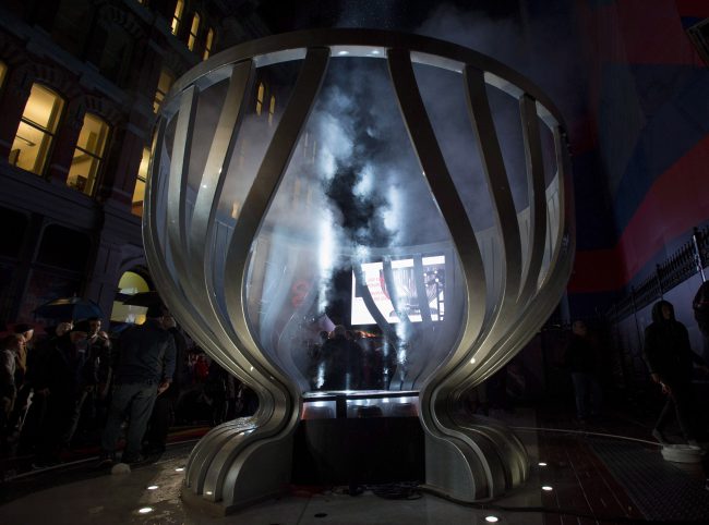Lord Stanley's Gift Monument is seen on Sparks Street in Ottawa, after it was unveiled on Saturday, Oct. 28, 2017.  
