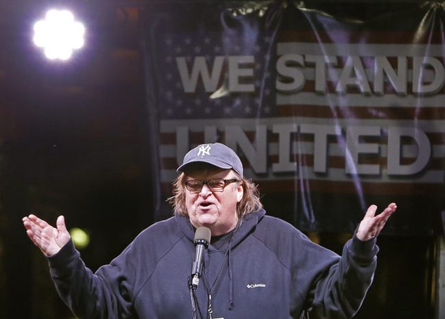 Michael Moore speaks at an anti-Trump rally and protest in front of the Trump International Hotel in New York, Jan. 19, 2017.